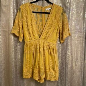 Honey Punch Mustard Yellow Boho Embroidered Crochet Lace Romper, Small